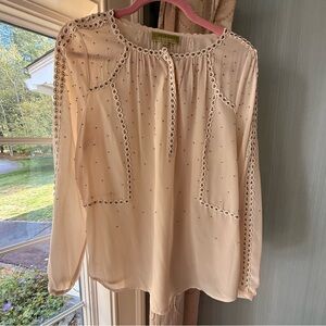Sigrid Olsen Cream Blouse Chiffon Top with Beaded Detail and Embroidery